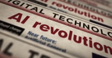 Yapay zeka teknolojisi yeniliği günlük gazete baskısı. Soyut konsept retro başlıklar 3d kusursuz döngülenmiş.