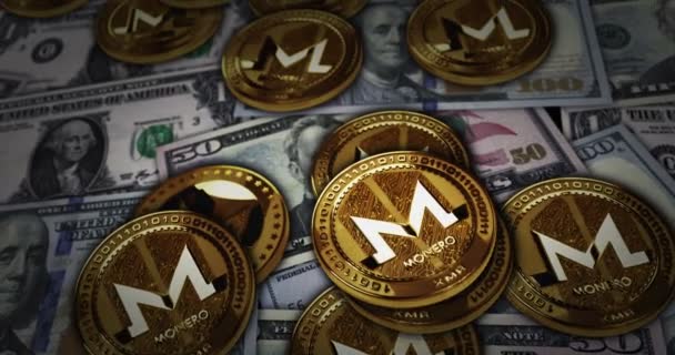 Monero Xmr Cryptocurrency Χρυσό Νόμισμα Πάνω Από Τραπεζογραμμάτια Δολαρίων Crypto — Αρχείο Βίντεο