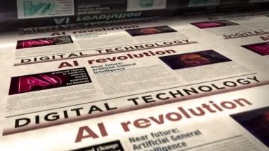 Yapay zeka teknolojisi yeniliği günlük gazete rulosu baskısı. Soyut konsept retro başlıklar 3d kusursuz döngülenmiş.