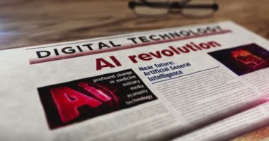 Yapay zeka teknolojisi yeniliği günlük gazete masasında. Manşetler soyut kavram 3D. 