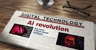 Yapay zeka teknolojisi yeniliği günlük gazete masasında. Manşetler soyut kavram 3D. 