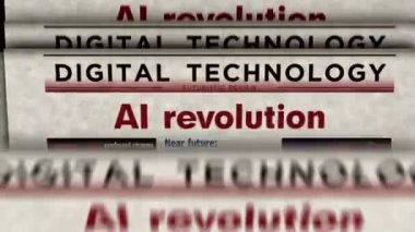 Yapay zeka teknolojisi yeniliği klasik haber ve gazete baskısı. Soyut konsept retro başlıklar 3d.