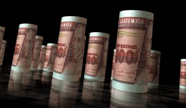 Guatemala parası quetzal para rulo 3D illüstrasyon. 100 GTQ 'luk banknot yuvarlandı. Maliye, nakit, ekonomi krizi, iş başarısı, durgunluk, banka, vergi ve borç kavramı.