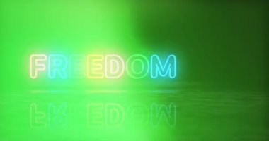 Özgürlük neon sembolü. Renkli ampuller. Özgürlük ve başarı, kusursuz ve geri dönüşümsüz bir kavram. 3D tünel animasyonunda uçuyor..
