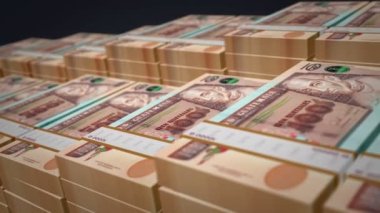 Guatemala parası Quetzal banknot büyümesi döngüsü. GTQ para yığını. Para paketi, bankacılık, seyahat, iş, ekonomi ve finans kavramı. Döngüsüz 3D canlandırma.
