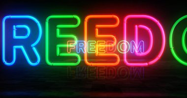 Özgürlük neon sembolü. Özgürlük ve başarı renkli ampuller. Soyut konsept 3d illüstrasyon.