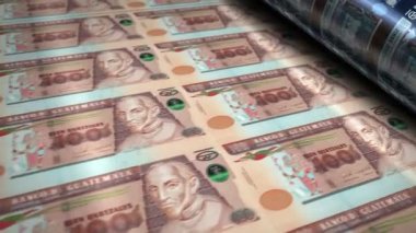 Guatemala parası quetzal para basım makinesi döngüsü. Kağıt GTQ banknot baskısı 3D döngü kusursuz. Soyut bankacılık, borç, finans, ekonomi ve kriz kavramı.