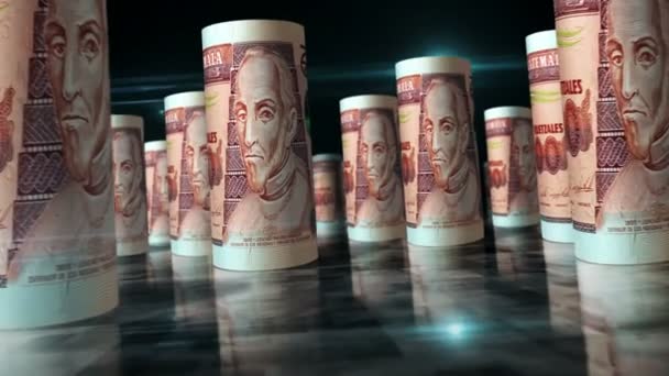 危地马拉货币克萨尔滚动循环3D动画 钱在桌子上 关于经济 商业和衰退的无缝隙和易碎的抽象概念 Gtq滚动式钞票之间的相机 — 图库视频影像