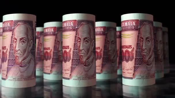 危地马拉货币格查金滚动循环3D动画 摄像机在Gtq滚动钞票前移动 无缝隙的经济 商业和债务概念 — 图库视频影像