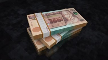 Guatemala para Quetzal para yığını. Ekonomi, bankacılık, iş, kriz, durgunluk, borç ve finans konularının kavramı. 100 GTQ banknotları 3d animasyon yığınları.