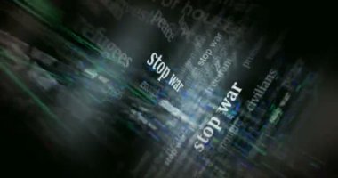 Savaş ve barış özgürlüğünü durdurun ve medyada şiddet manşetlerinde yer almayın. Soyut konsept döngü gösterir. Ekranlar arasında uçma efekti pürüzsüz ve döngülü 3d.