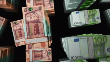 Euro ve Guatemala quetzal para değişimi. Kağıt banknotlar tomar tomar. Ticaret, ekonomi, rekabet, kriz, bankacılık ve finans kavramı. Döngüsüz 3D canlandırma notaları.