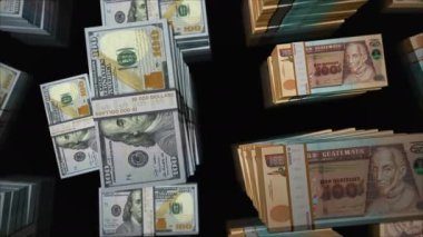 Amerikan Doları ve Guatemala Quetzal para değişimi. Banknotlar tomar tomar. Ticaret, ekonomi, rekabet, kriz, bankacılık ve finans kavramı. Döngüsüz 3D notalar.