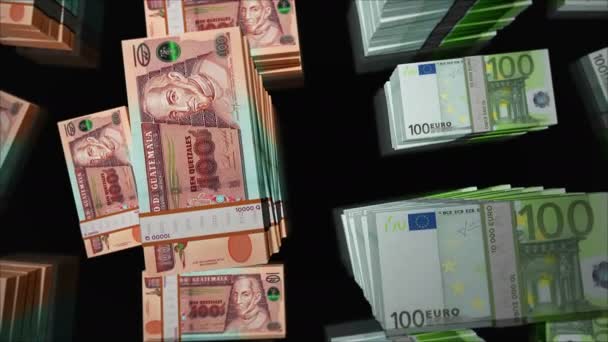 ユーロとグアテマラのケツァールの両替 紙の紙幣のパックの束 金融の概念 ノート ループ可能なシームレスな3Dアニメーション — ストック動画