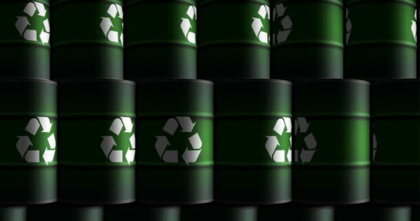 リサイクルエコロジーは シームレスでループ可能なコンセプトで樽を再利用します グリーン環境とリサイクル産業用コンテナ — ストック動画
