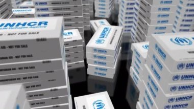 Poznan, Polonya, 12 Kasım 2023: UNHCR yardım çantası. BM Mülteci Teşkilatı insani yardım. Soyut konsept 3D çevrilebilir kusursuz animasyon. Yığınlar arasında uçan kamera.