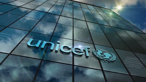 New York New York November 2023 Unicef Organisationshögkvarter Logo Glass — Stockvideo