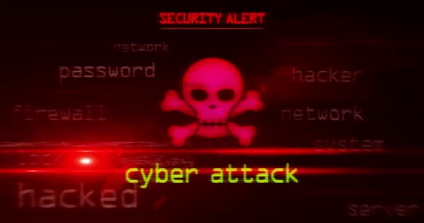 Cyber Ataque Con Concepto Bucle Tecnología Símbolo Cráneo Títulos Noticias — Vídeo de stock