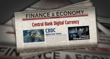 CBDC Merkez Bankası Dijital Para Birimi ve kripto para antika haber ve gazete baskısı. Soyut konsept retro başlıklar 3d illüstrasyon.