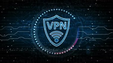 VPN sanal özel ağ iletişim sembolü soyut dijital konsept. Siber teknoloji ve bilgisayar arkaplanı kusursuz ve döngülü animasyon.