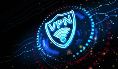 VPN sanal özel ağ iletişim sembolü dijital konsept. Siber teknoloji ve bilgisayar arkaplanı soyut 3D resimleme.