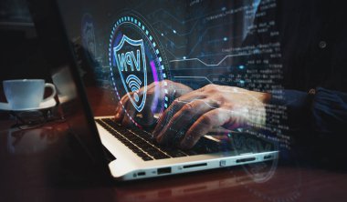 VPN sanal özel ağ iletişim sembolü ve klavye yazan insan. Eller dizüstü bilgisayarda. Sanal teknoloji soyut konsept 3D illüstrasyon.