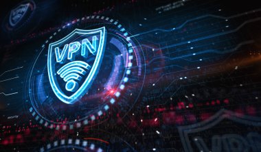 VPN sanal özel ağ iletişim sembolü dijital konsept. Siber teknoloji ve bilgisayar arkaplanı soyut 3D resimleme.
