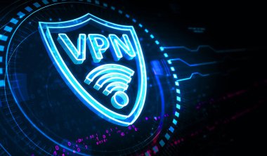 VPN sanal özel ağ iletişim sembolü dijital konsept. Siber teknoloji ve bilgisayar arkaplanı soyut 3D resimleme.