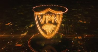 VPN sanal özel ağ iletişim hologramı sembolü dijital arkaplanda görünür. Siber teknoloji ve bilgisayar soyut kavramı 3 boyutlu animasyon.