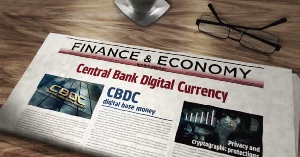 Cbdc中央銀行デジタル通貨と暗号通貨の日刊紙がテーブルに載っています ニュース抽象コンセプト3Dの見出し — ストック動画