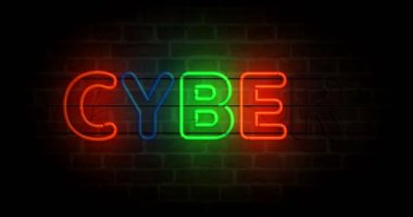 Tuğla duvarda siber neon sembolü. Dijital bilgisayar ampulleri. Döngüsüz ve kusursuz soyut konsept animasyonu.