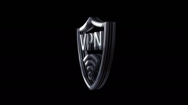 VPN sanal özel ağ iletişimi altın metal parlayan sembol konsepti. Işıldayan ve yansıtan ışık ikonu soyut. Kusursuz ve döngülü 3d döndürme canlandırması.