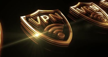 VPN sanal özel ağ iletişimi altın metal parlaklık sembolü konsepti. Görkemli parlama ve yansıma ışığı ikonu soyut. Kusursuz ve döngülü 3d.