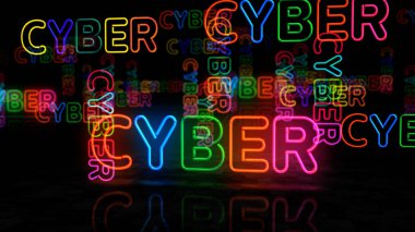 Siber neon sembolü. Dijital bilgisayar ampulleri. Soyut konsept 3d illüstrasyon.