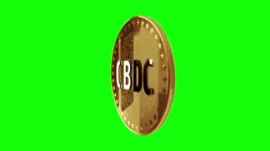 CBDC Dijital Para Birimi şifreli para birimi yeşil ekran döngüsü üzerinde altın madeni parayı izole etti. Dönen altın metal döngüsü soyut kavram. 3B döngü kusursuz canlandırma.