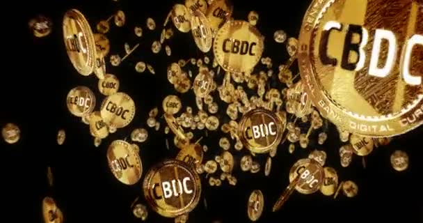 Cbdc Moeda Digital Criptomoeda Isolada Voando Entre Fundo Moedas Ouro — Vídeo de Stock