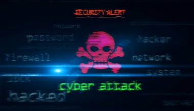 Cyber attack with skull symbol technology concept. Abstract sign on glitch screens 3d illustration. clipart