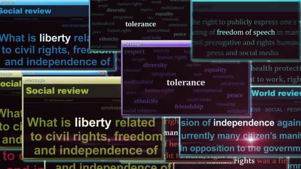 Свобода Слова Свобода Права Человека Толерантность Независимость Всплывают Окна Экране — стоковое видео