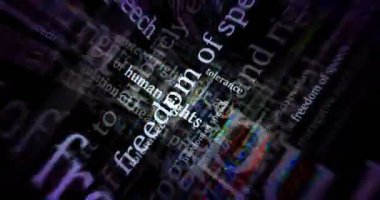 İfade özgürlüğü İnsan Hakları Hoşgörü Bağımsızlığı. Haber başlıkları uluslararası medya soyut kavram döngüsü. Kusursuz ve döngülü 3D canlandırma.