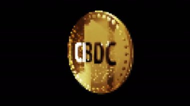 CBDC Dijital Para Birimi şifreleme altın sikkesi retro piksel mozaik 80 'ler tarzında. Dönen altın metal döngüsü soyut kavram. 3B döngü kusursuz döngü.
