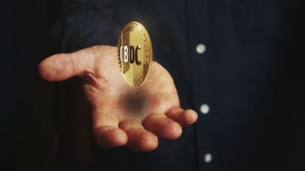 Cbdc Digital Валюта Криптовалюта Обертається Монета Опускається Над Рукою Бізнесмен — стокове відео