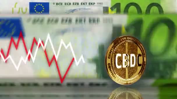 Cbdcデジタル通貨100ユーロ紙幣を超える暗号通貨の金貨 ユーロノート バックグラウンドのカウントとチャートライン ループ可能でシームレスな3D抽象コンセプト — ストック動画