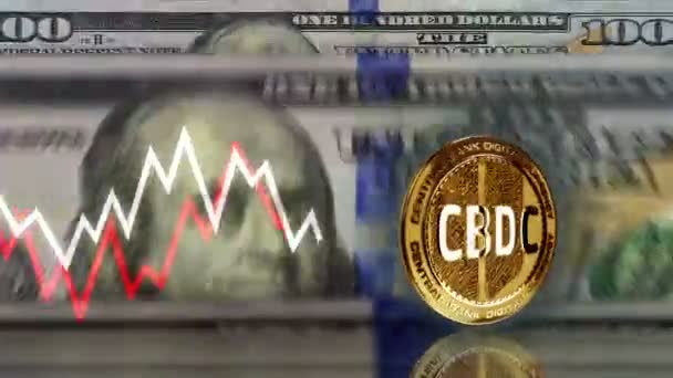 Cbdc Digital Currency Cryptocurrency Golden Coin 100 Dollar Banknotes Note — Stock Video