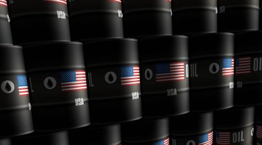 ABD petrol ham petrol varilleri sıra konsepti. Amerikan petrol endüstrisi ve yakıt çıkarma endüstriyel konteynırları 3 boyutlu illüstrasyon.