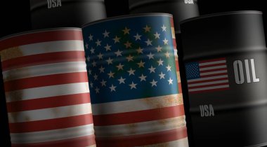 ABD petrol ham petrol varilleri sıra konsepti. Amerikan petrol endüstrisi ve yakıt çıkarma endüstriyel konteynırları 3 boyutlu illüstrasyon.