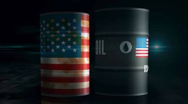USA oil crude petroleum fuel barrels in row concept. American petrol business and fuel extraction industrial containers 3d illustration.