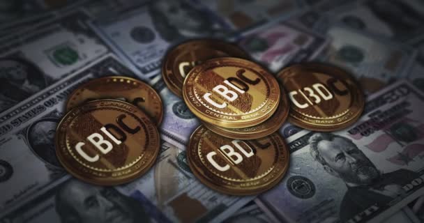 Cbdc Dijital Para Birimi Şifreleme Altın Sikkesi Dolar Banknotları Üzerinde — Stok video