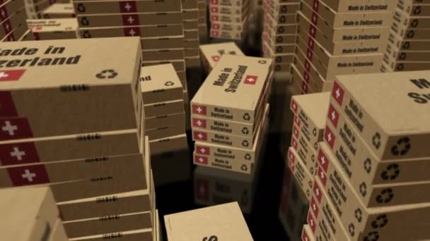 スイスの箱の生産ラインで作られる 製造と配達について プロダクト工場 輸入および輸出 抽象概念3Dレンダリングループ可能なシームレスアニメーション スタック間を飛ぶカメラ — ストック動画