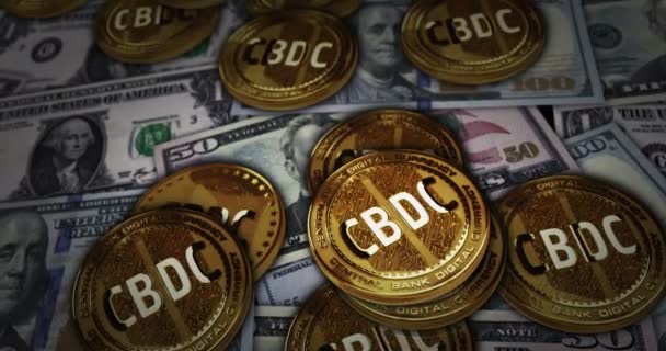 Cbdc Cyfrowa Waluta Kryptowaluta Złota Moneta Nad Banknotami Dolara Crypto — Wideo stockowe