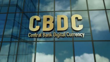 CDBC cam bina konsepti. Merkez Bankası Dijital Para Birimi Şifreleme para sembolü ön cephede 3d animasyon.